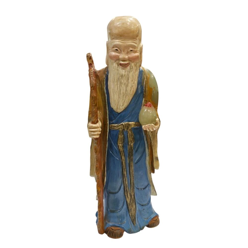 Museum Quality Shou Xing God of Longevity Bowenite Painted Sculpture